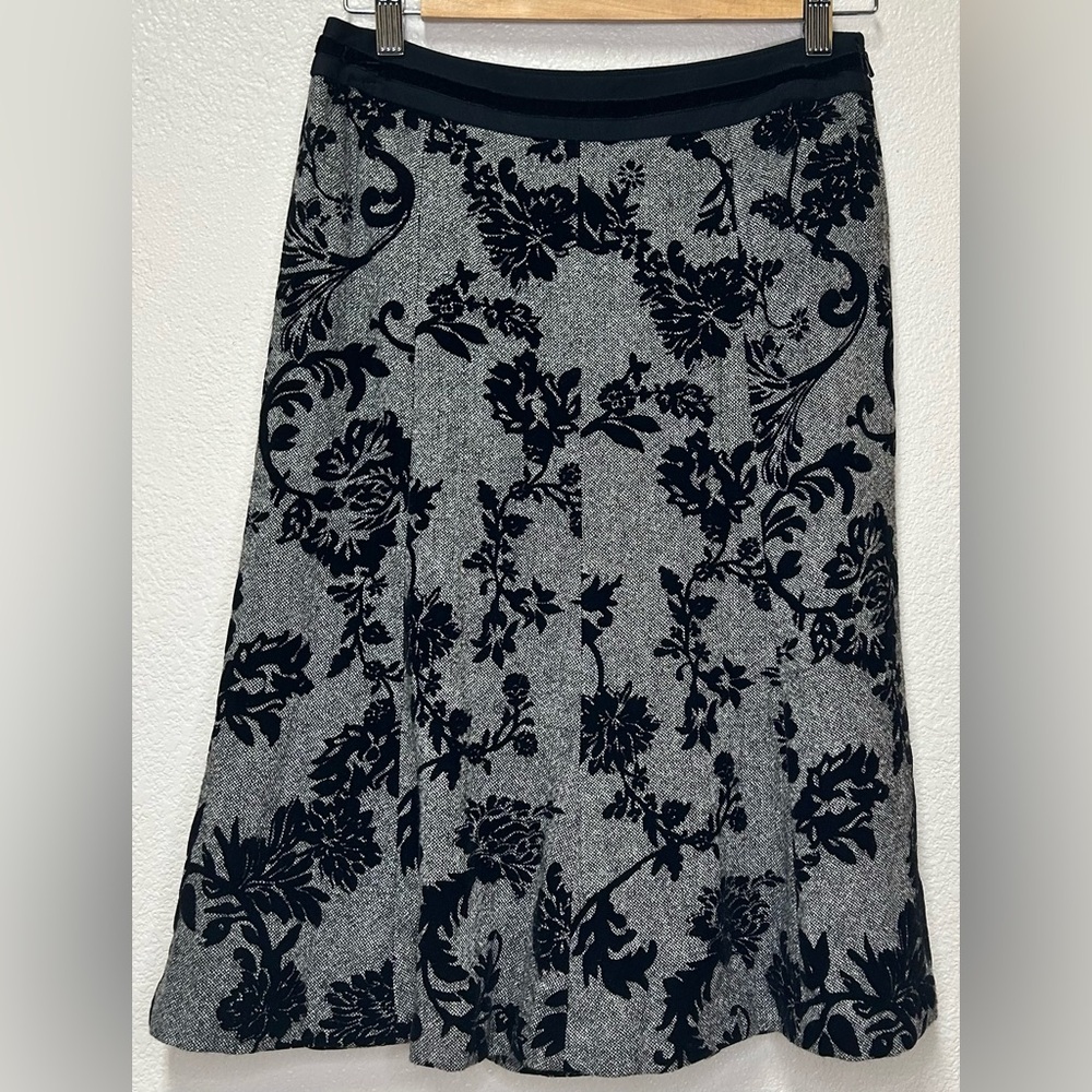 Ann Taylor Black Floral flocked velvet wool blend A-Line Skirt